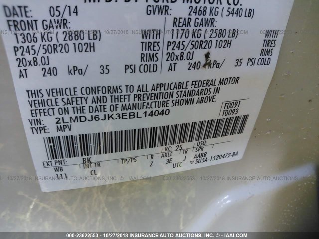 2LMDJ6JK3EBL14040 - 2014 LINCOLN MKX WHITE photo 9