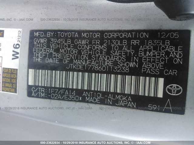 JTKDE177860113238 - 2006 TOYOTA SCION TC 银色 照片 9