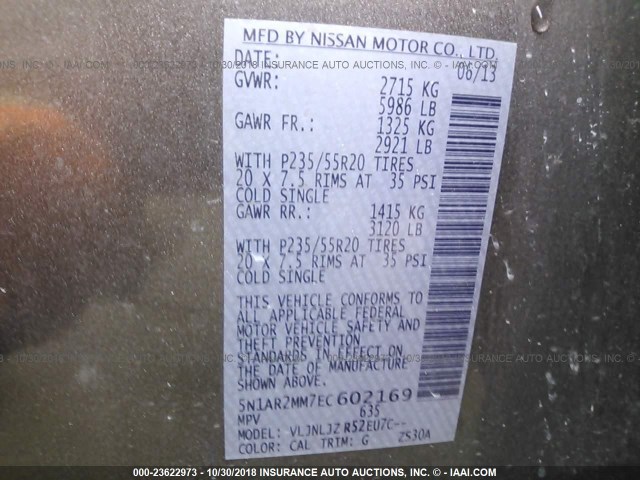 5N1AR2MM7EC602169 - 2014 NISSAN PATHFINDER S/SV/SL/PLATINUM GRAY photo 9