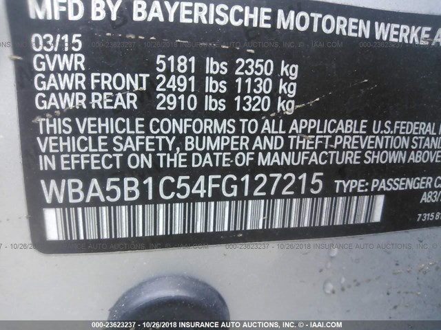 WBA5B1C54FG127215 - 2015 BMW 535 I SILVER photo 9