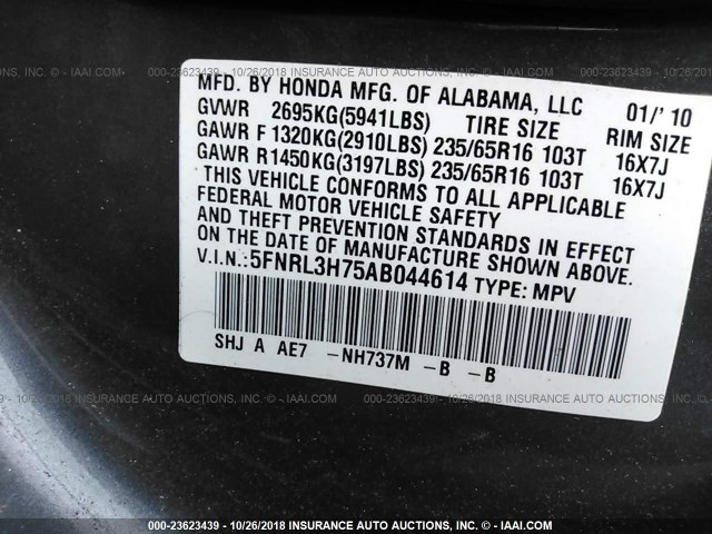 5FNRL3H75AB044614 - 2010 HONDA ODYSSEY EXL GRAY photo 9