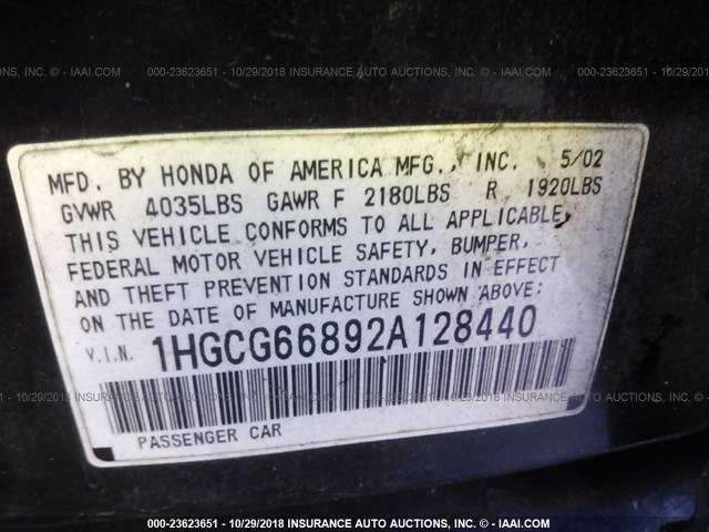 1HGCG66892A128440 - 2002 HONDA ACCORD EX/SE BLACK photo 9