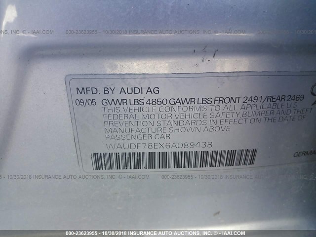 WAUDF78EX6A089438 - 2006 AUDI A4 2.0T QUATTRO SILVER photo 9