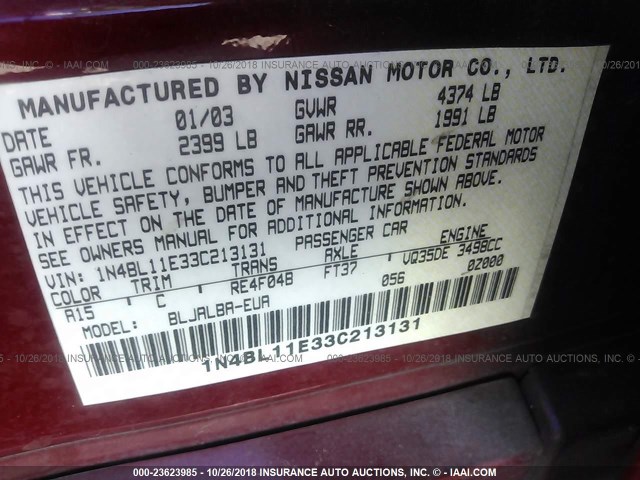 1N4BL11E33C213131 - 2003 NISSAN ALTIMA SE RED photo 9