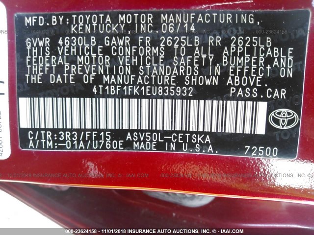 4T1BF1FK1EU835932 - 2014 TOYOTA CAMRY L/SE/LE/XLE RED photo 9