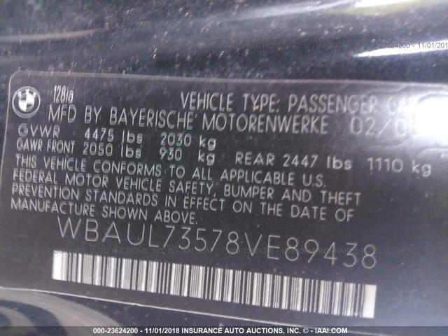 WBAUL73578VE89438 - 2008 BMW 128 I BLACK photo 9