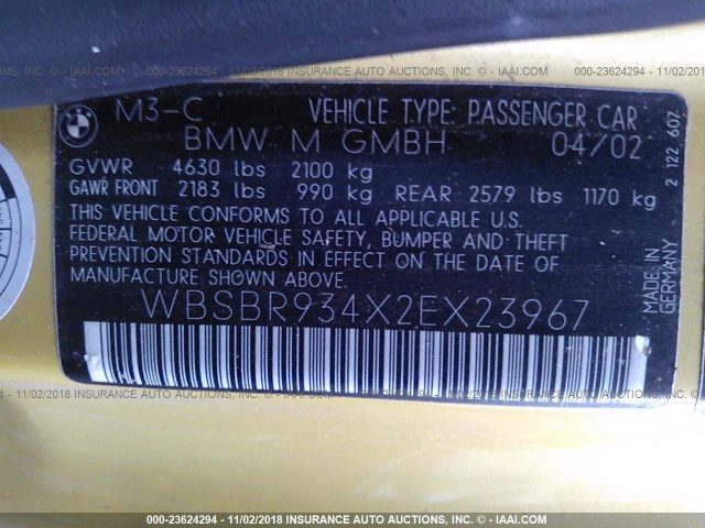 WBSBR934X2EX23967 - 2002 BMW M3 YELLOW photo 9