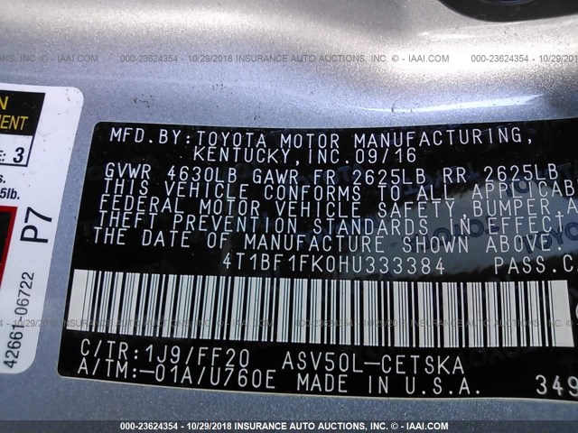 4T1BF1FK0HU333384 - 2017 TOYOTA CAMRY LE/XLE/SE/XSE GRAY photo 9