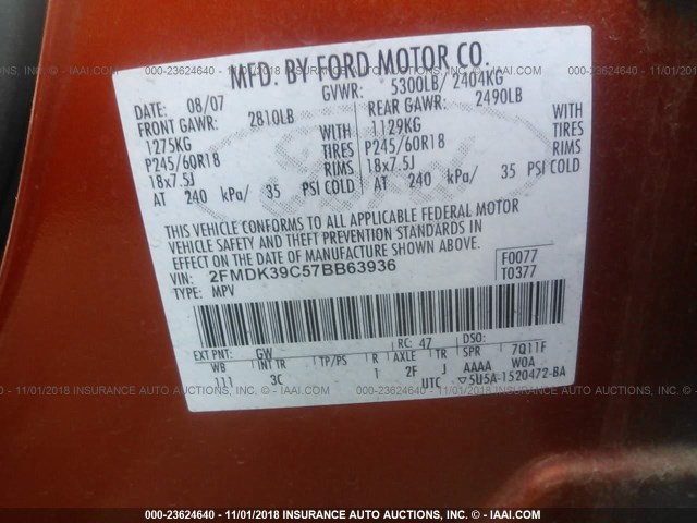 2FMDK39C57BB63936 - 2007 FORD EDGE SEL PLUS ORANGE photo 9