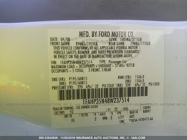 1FAHP35N48W237514 - 2008 FORD FOCUS SE/SEL/SES WHITE photo 9