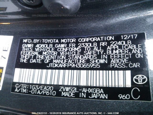 JTDKARFP9H3065955 - 2017 TOYOTA PRIUS PRIME  GRAY photo 9