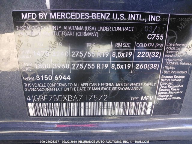 4JGBF7BEXBA717572 - 2011 MERCEDES-BENZ GL 450 4MATIC GRAY photo 9