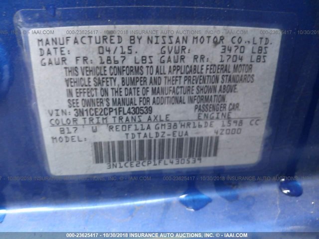 3N1CE2CP1FL430539 - 2015 NISSAN VERSA NOTE S/S PLUS/SV/SL/SR BLUE photo 9