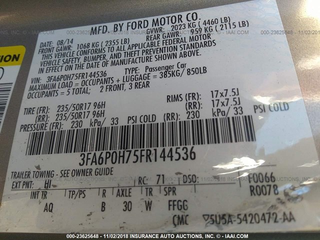 3FA6P0H75FR144536 - 2015 FORD FUSION SE GRAY photo 9