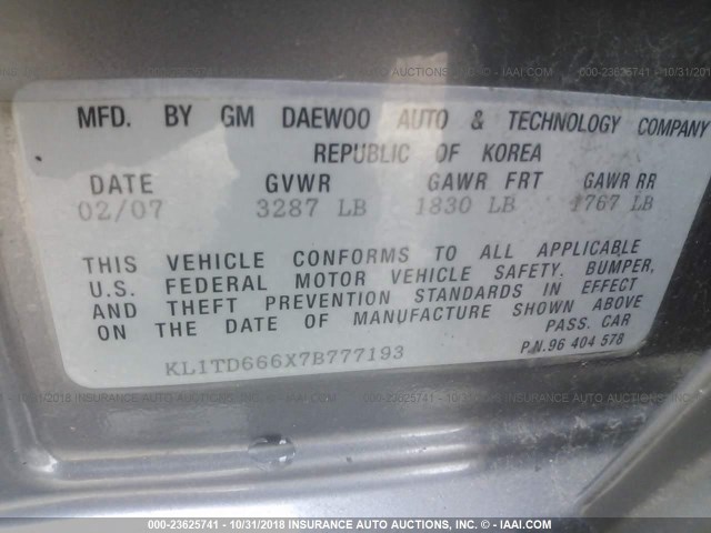 KL1TD666X7B777193 - 2007 CHEVROLET AVEO LS GRAY photo 9