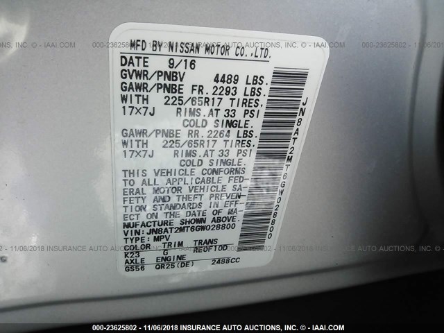 JN8AT2MT6GW028800 - 2016 NISSAN ROGUE S/SL/SV SILVER photo 9