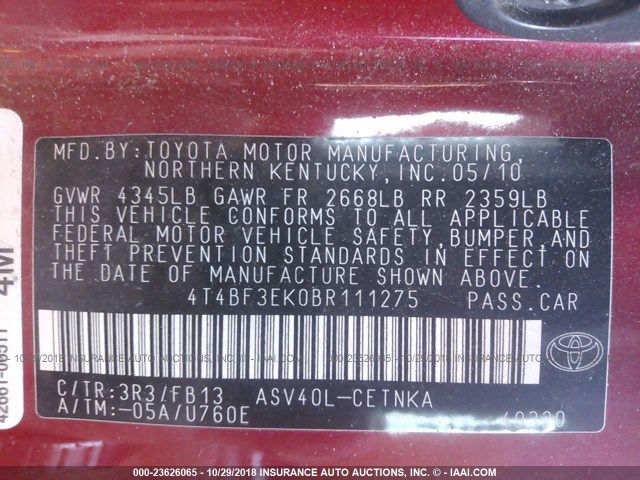 4T4BF3EK0BR111275 - 2011 TOYOTA CAMRY SE/LE/XLE RED photo 9