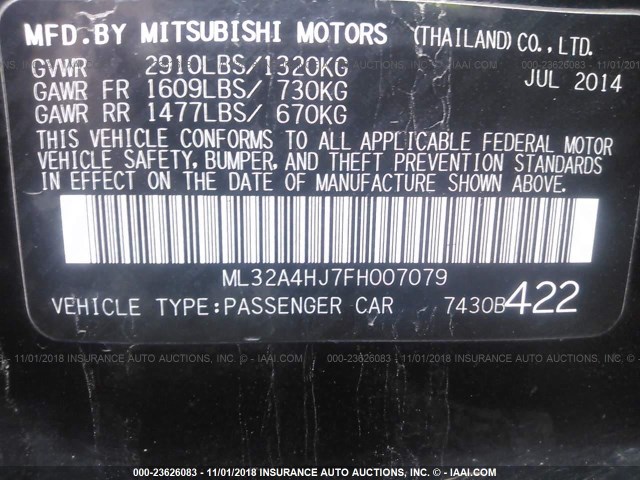 ML32A4HJ7FH007079 - 2015 MITSUBISHI MIRAGE ES BLACK photo 9