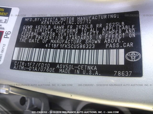 4T1BF1FK5CU586323 - 2012 TOYOTA CAMRY SE/LE/XLE SILVER photo 9