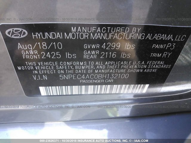 5NPEC4AC0BH132100 - 2011 HYUNDAI SONATA SE/LIMITED GRAY photo 9