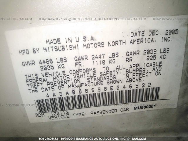 4A3AB56S96E046522 - 2006 MITSUBISHI GALANT LS PREMIUM WHITE photo 9