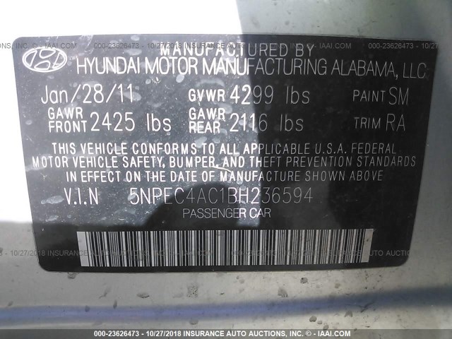 5NPEC4AC1BH236594 - 2011 HYUNDAI SONATA SE/LIMITED SILVER photo 9