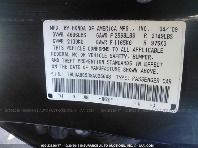 19UUA86539A026648 - 2009 ACURA TL BLACK photo 9