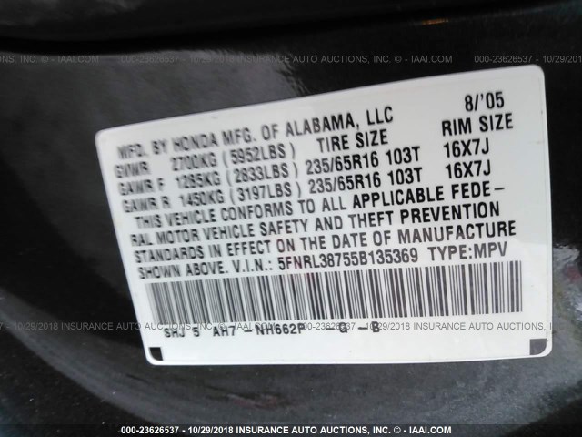 5FNRL38755B135369 - 2005 HONDA ODYSSEY EXL GRAY photo 9