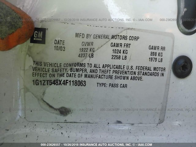 1G1ZT548X4F118063 - 2004 CHEVROLET MALIBU LS 白色 照片 9