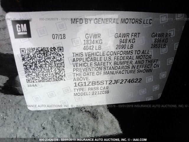 1G1ZB5ST2JF274622 - 2018 CHEVROLET MALIBU LS Qara foto 9