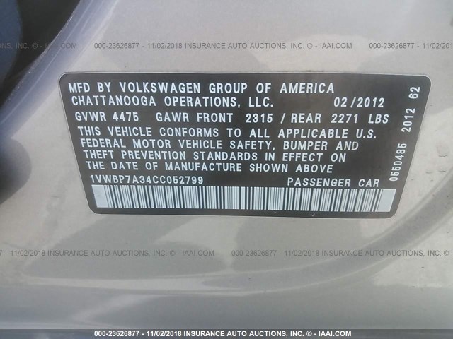 1VWBP7A34CC052799 - 2012 VOLKSWAGEN PASSAT SE SILVER photo 9