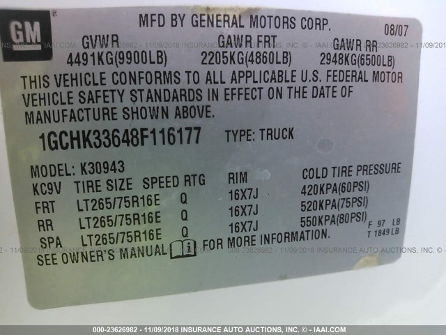 1GCHK33648F116177 - 2008 CHEVROLET SILVERADO K3500 WHITE photo 9