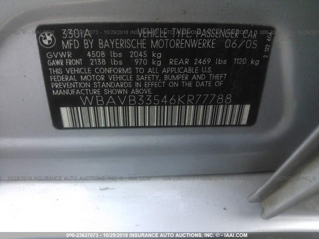 WBAVB33546KR77788 - 2006 BMW 330 I SILVER photo 9