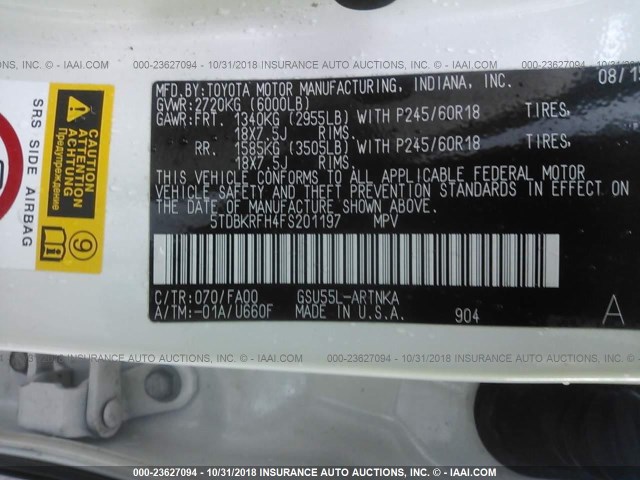 5TDBKRFH4FS201197 - 2015 TOYOTA HIGHLANDER LE/LE PLUS WHITE photo 9