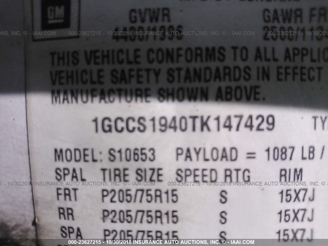 1GCCS1940TK147429 - 1996 CHEVROLET S TRUCK S10 WHITE photo 9