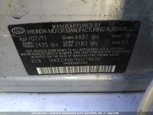 5NPEC4AB7BH279439 - 2011 HYUNDAI SONATA SE/LIMITED SILVER photo 9