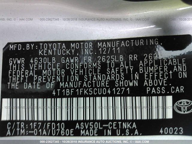 4T1BF1FK5CU041271 - 2012 TOYOTA CAMRY SE/LE/XLE GRAY photo 9