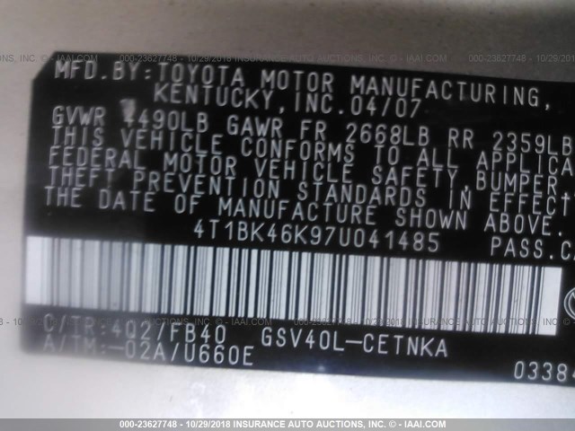 4T1BK46K97U041485 - 2007 TOYOTA CAMRY NEW GENERAT LE/XLE/SE GOLD photo 9