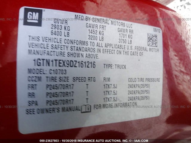 1GTN1TEX9DZ161216 - 2013 GMC SIERRA C1500 RED photo 9