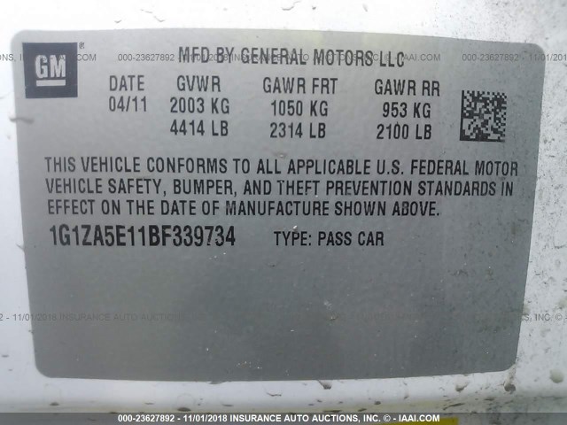 1G1ZA5E11BF339734 - 2011 CHEVROLET MALIBU LS WHITE photo 9