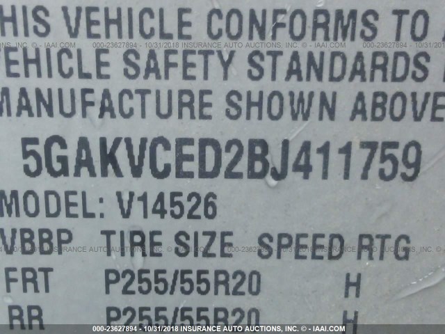 5GAKVCED2BJ411759 - 2011 BUICK ENCLAVE CXL WHITE photo 9