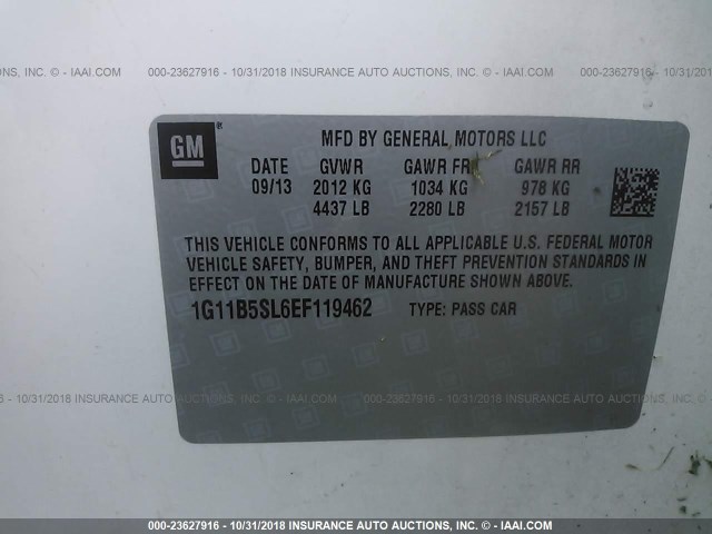 1G11B5SL6EF119462 - 2014 CHEVROLET MALIBU LS Սպիտակ լուսանկար 9