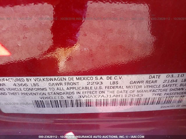 3VWAX7AJ1AM112043 - 2010 VOLKSWAGEN JETTA LIMITED RED photo 9