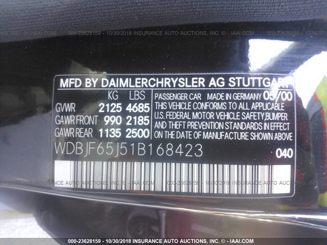 WDBJF65J51B168423 - 2001 MERCEDES-BENZ E 320 BLACK photo 9