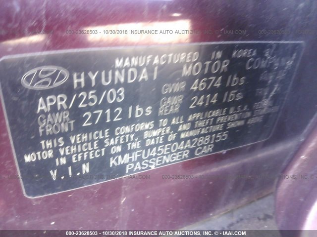 KMHFU45E04A288155 - 2004 HYUNDAI XG 350 MAROON photo 9