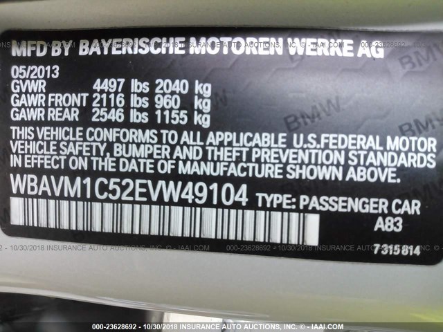 WBAVM1C52EVW49104 - 2014 BMW X1 SDRIVE28I SILVER photo 9