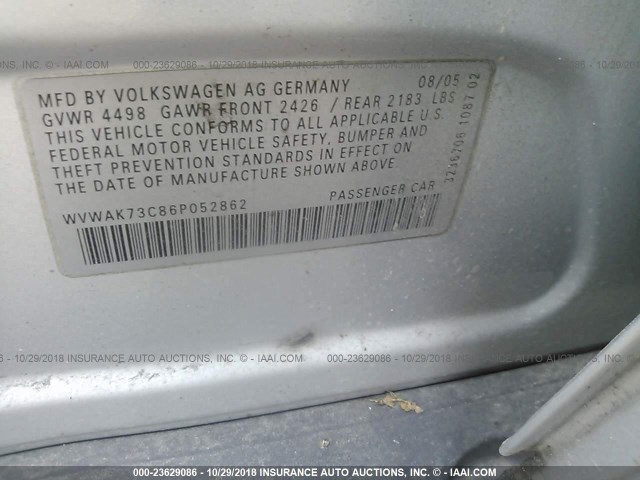 WVWAK73C86P052862 - 2006 VOLKSWAGEN PASSAT 2.0T/2.0T VALUE SILVER photo 9