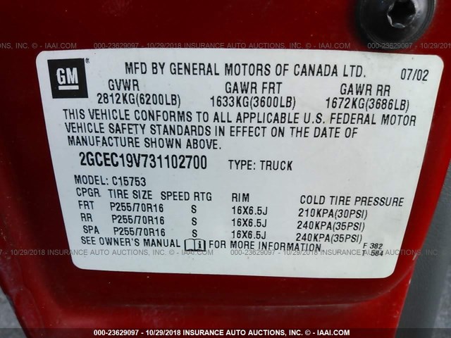 2GCEC19V731102700 - 2003 CHEVROLET SILVERADO C1500 RED photo 9