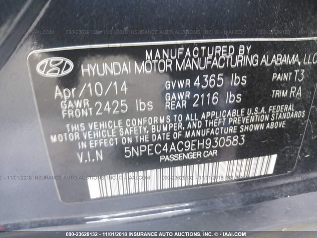 5NPEC4AC9EH930583 - 2014 HYUNDAI SONATA SE/LIMITED GRAY photo 9