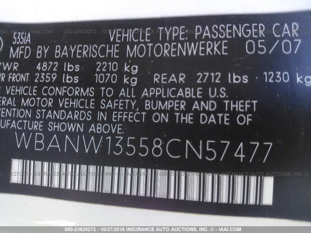 WBANW13558CN57477 - 2008 BMW 535 I WHITE photo 9